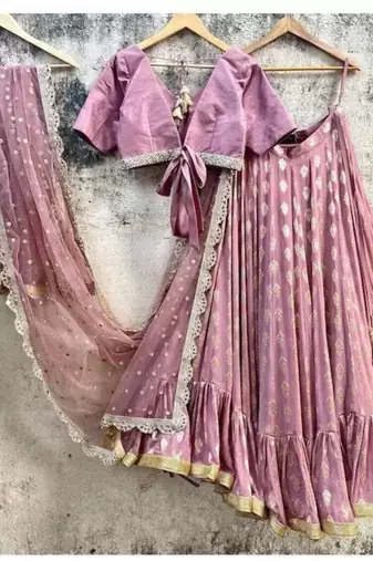 peach banarasi georgette lehenga choli with gold motifs