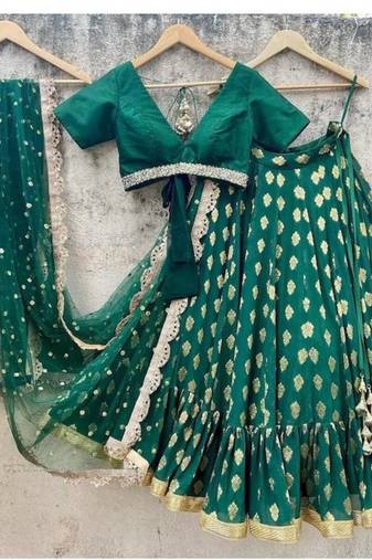 dark green banarasi georgette lehenga choli with gold motifs