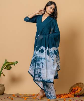 navy blue cotton suit set with tie & dye designs 2