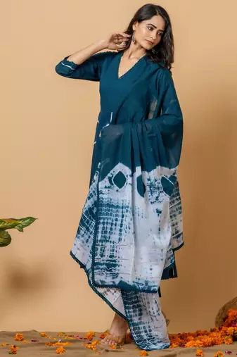 navy blue cotton suit set with tie & dye designs
