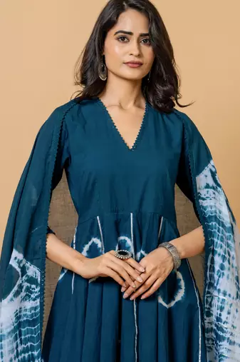 navy blue cotton suit set with tie & dye designs