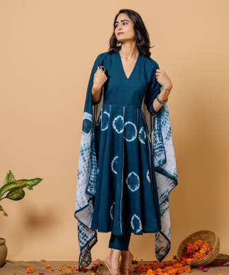 navy blue cotton suit set with tie & dye designs 5