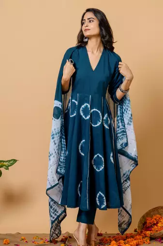 navy blue cotton suit set with tie & dye designs