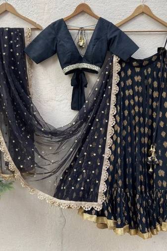 black banarasi georgette lehenga choli with gold motifs