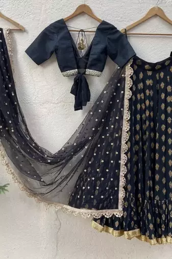 black banarasi georgette lehenga choli with gold motifs
