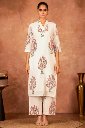 off white cotton hand block print suit set