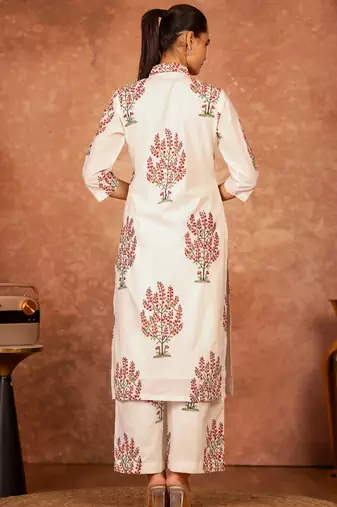 off white cotton hand block print suit set