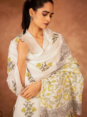 off white cotton yellow hand block print salwar kameez  2
