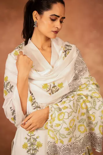 off white cotton yellow hand block print salwar kameez 