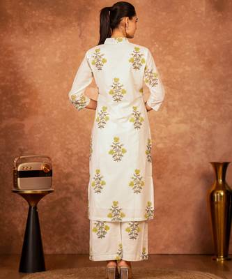 off white cotton yellow hand block print salwar kameez  3