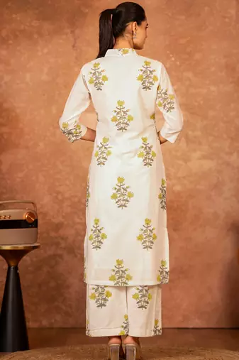 off white cotton yellow hand block print salwar kameez 