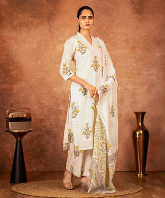 off white cotton yellow hand block print salwar kameez  4