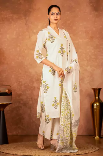 off white cotton yellow hand block print salwar kameez 