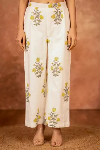 off white cotton yellow hand block print salwar kameez 