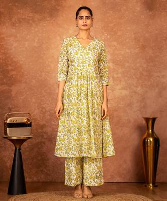 yellow hand block printed cotton salwar kameez 2