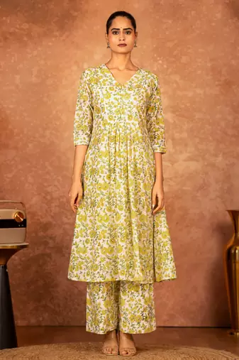 yellow hand block printed cotton salwar kameez