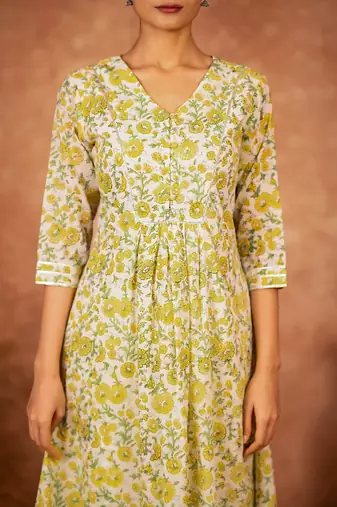 yellow hand block printed cotton salwar kameez