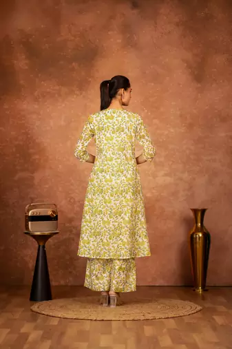 yellow hand block printed cotton salwar kameez