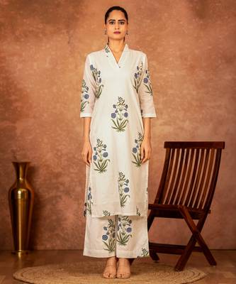 off white blue hand block printed cotton salwar kameez 2