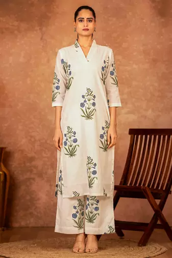 off white blue hand block printed cotton salwar kameez
