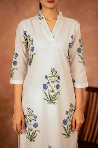 off white blue hand block printed cotton salwar kameez