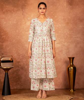 off white and green cotton hand block print salwar kameez 2