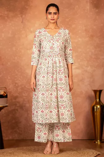 off white and green cotton hand block print salwar kameez