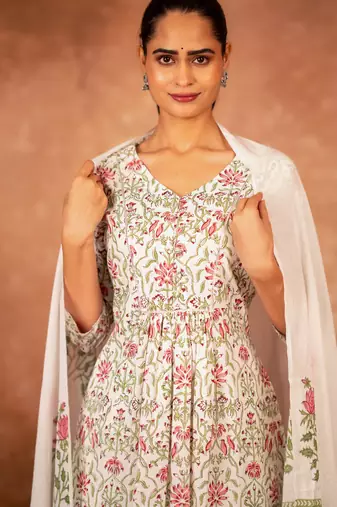 off white and green cotton hand block print salwar kameez