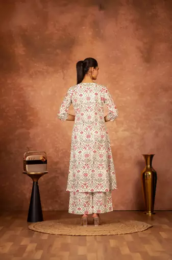 off white and green cotton hand block print salwar kameez