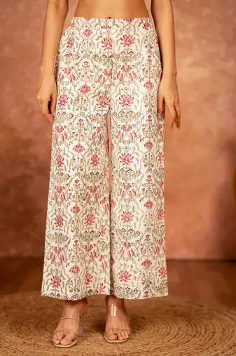 off white and green cotton hand block print salwar kameez