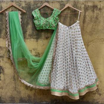 ivory green georgette gold booti lehenga choli set 1