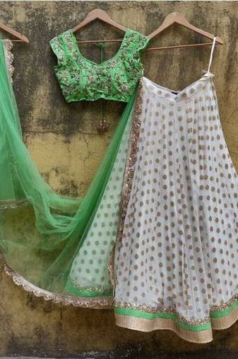 ivory green georgette gold booti lehenga choli set