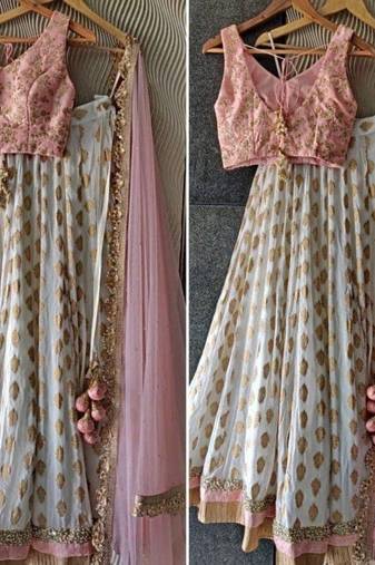 pink banarasi georgette lehenga choli with gold motifs