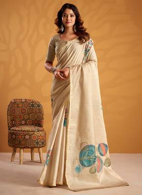 Cream pure tussar silk with  kasheeda work and beautiful designer blouse 1
