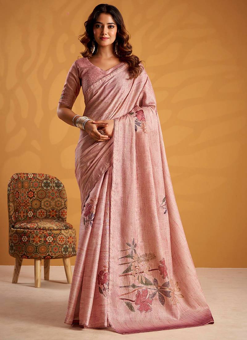 Pink pure tussar silk with  kasheeda work and beautiful designer blouse