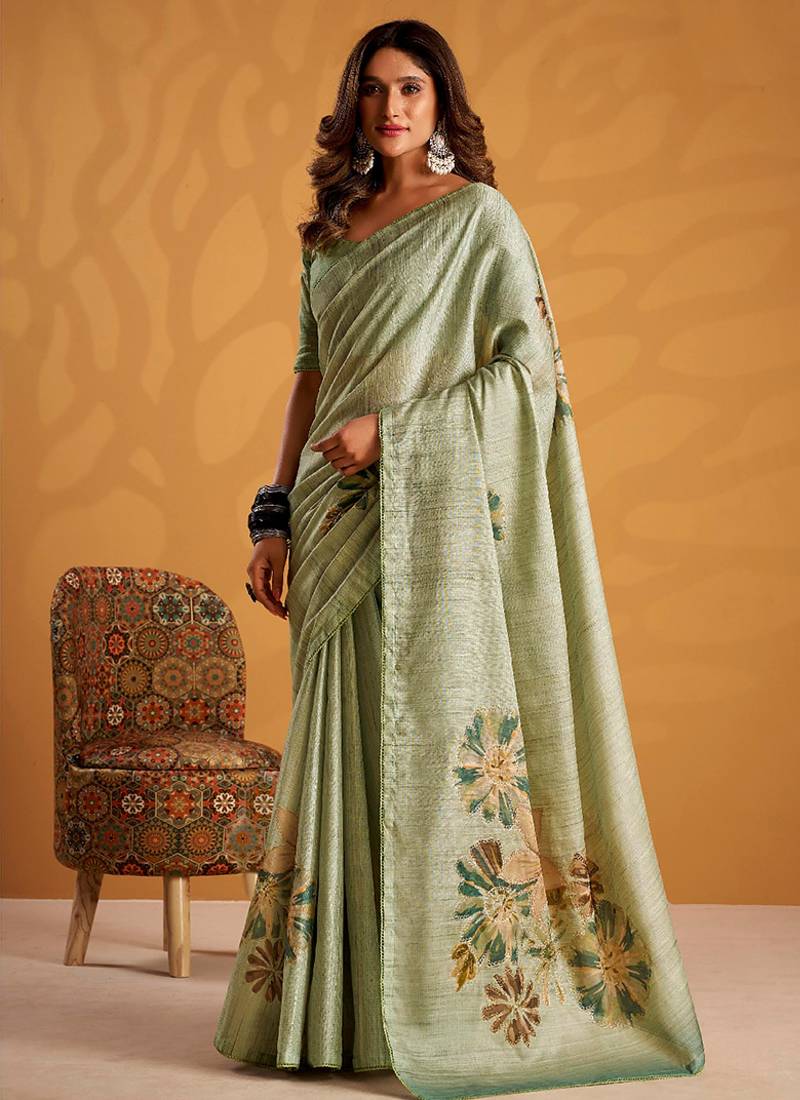 Sea green pure tussar silk with  kasheeda work and beautiful designer blouse