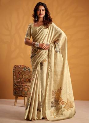 Cream pure tussar silk with  kasheeda work and beautiful designer blouse 1