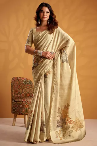 Cream pure tussar silk with  kasheeda work and beautiful designer blouse