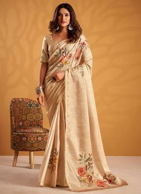Cream pure tussar silk with  kasheeda work and beautiful designer blouse 1