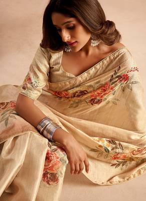 Cream pure tussar silk with  kasheeda work and beautiful designer blouse 2