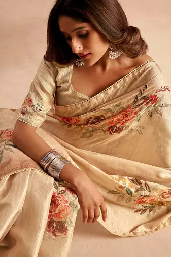 Cream pure tussar silk with  kasheeda work and beautiful designer blouse