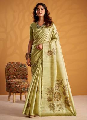 Sea green pure tussar silk with  kasheeda work and beautiful designer blouse 1