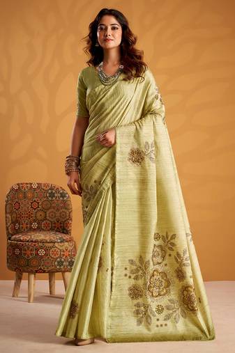 Sea green pure tussar silk with  kasheeda work and beautiful designer blouse