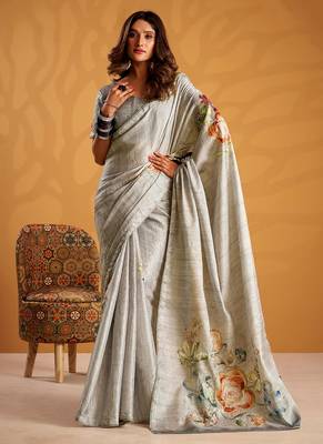 Grey pure tussar silk with  kasheeda work and beautiful designer blouse 1