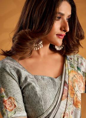 Grey pure tussar silk with  kasheeda work and beautiful designer blouse 2