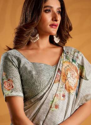 Grey pure tussar silk with  kasheeda work and beautiful designer blouse 3