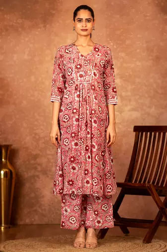 pink and off white hand block printed cotton salwar kameez