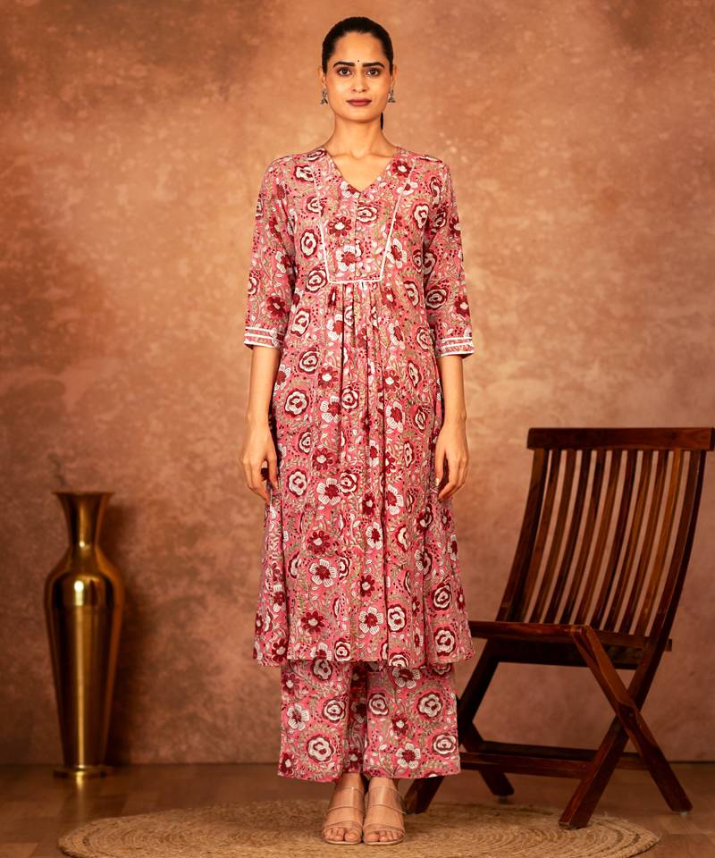 Pink hand block printed cotton suit set of 3