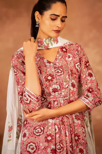 pink and off white hand block printed cotton salwar kameez