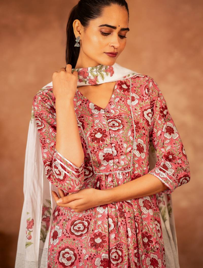 Pink hand block printed cotton suit set of 3